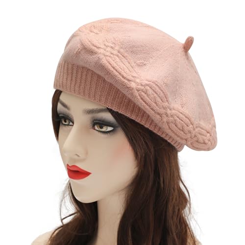 ZLYC Women French Beret Hat Reversible Solid Color Knit Warm Artist Cap - color: Cable Knit Pink