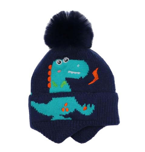 Kids Boys Girls Dinosaur Winter Knit Hat Baby Toddler Thick Scarf Earflap Hood Scarves Skull Caps - color: Navy Pom(1-5years Old)