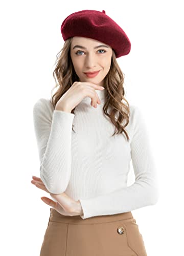 ZLYC Wool French Beret Hat Solid Color Classic Artist Cap for Women - color: Burgundy