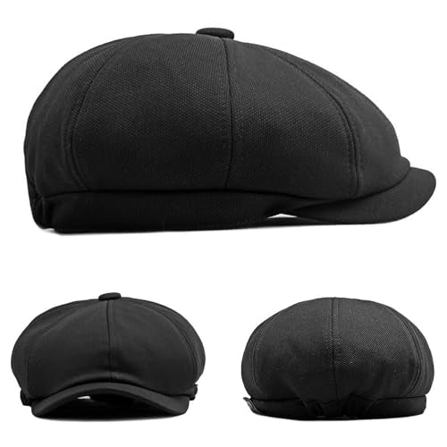 Men's 8 Panel Newsboy Cap Vintage Peaked Cap Adjustable Flat Cap Irish Cabbie Ivy Driving Hunting Hat - color: Black