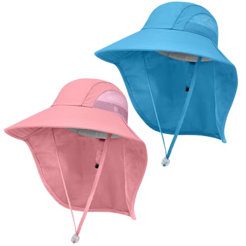 Kids Sun Hat UPF50+ Summer Beach Play Sun Protection Hats with Neck Flap for Ages 5~14 Girls Boys - color: Blue＆pink