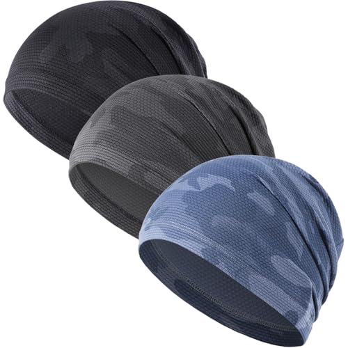 WTACTFUL 3-Pack Breathable Cooling Skull Cap for Men Women Thin Beanie - color: Camoblack+camogray+camoblue