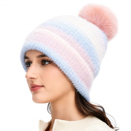 Women‘s Slouchy Knitted Beanie with Pom - Fleece Lined, Ribbed Cap with Stripes - color: Pink
