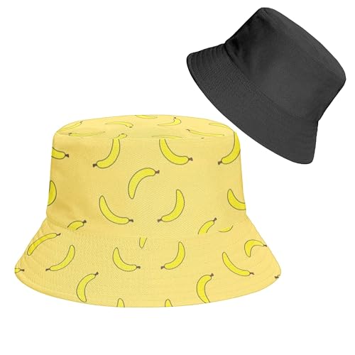 Reversible Bucket Hat for Women Men, Cotton Packable Summer Sun Hat, Double-Side-Wear Fisherman Cap for Beach Travel Hiking - color: Mz-banana Hat