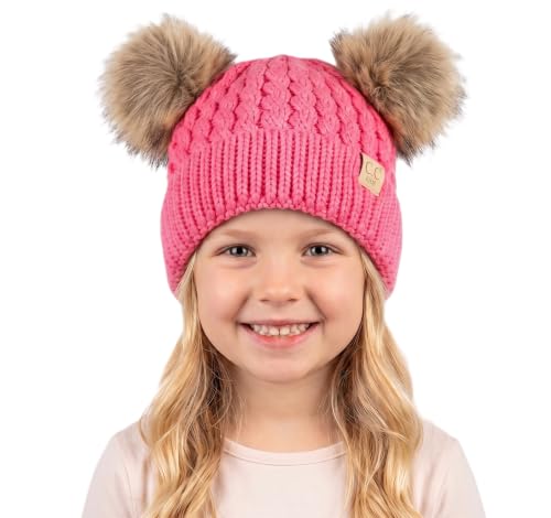 C.C Kids' Cable Knit Double Pom Beanie for Kids - Comfortable Soft Warm Children Skully Hat with Pom - color: Natural Faux Fur Pom New Candy Pink