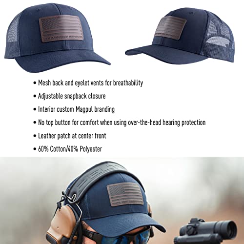 Magpul Trucker Hat Snap Back Baseball Cap, One Size Fits Most - color: Standard Leather Patch Navy