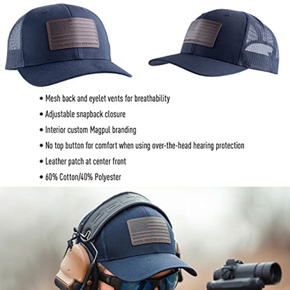 Magpul Trucker Hat Snap Back Baseball Cap, One Size Fits Most - color: Standard Leather Patch Navy