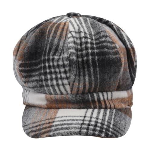 ZLYC Women Classic Newsboy Cap Visor 8 Panel Gatsby Cabbie Paperboy Hat - color: Plaid White and Dark Gray
