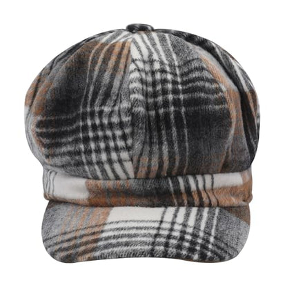 ZLYC Women Classic Newsboy Cap Visor 8 Panel Gatsby Cabbie Paperboy Hat - color: Plaid White and Dark Gray