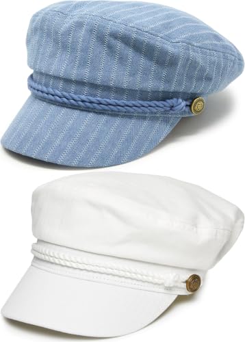 Funky Junque Greek Fisherman Newsboy Cap, Cotton Captains Bakerboy Hat - color: 2 Pack - Pinstripes - Denim & Solid White