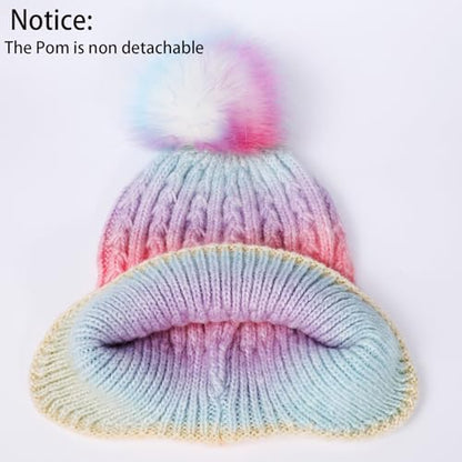 Toddler Earflap Beanie Hat with Rainbow Pom for Little Girls Knitted Beanies Kids Winter Skiing Caps Age 3-8 - color: Rainbow 02