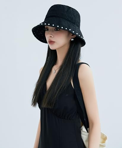 Summer Hats Women 2026 Fashionable Wide Brim Bucket Hat Lace Sunhat Slouchy - color: Black