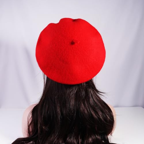 French Style Acrylic Beret - Solid Color Wool-Look Classic Winter Beanie Hat - color: Red