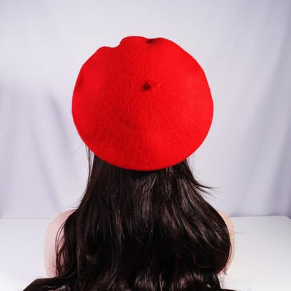 French Style Acrylic Beret - Solid Color Wool-Look Classic Winter Beanie Hat - color: Red