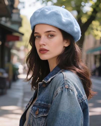 Wool French Beret Hats for Women Classic Winter Beanie Cap - color: Sky Blue
