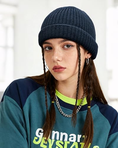 Clakllie Trawler Beanie Watch Hat Knit Cuffed Skullcap Roll-up Edge Stocking Hats Rolled Cuff Knitted Hat Ski Cap - color: Cdus-ddth3-blue