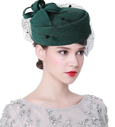 ORIDOOR Women's British Style Pillbox Church Derby Wedding Winter Vintage Fascinator Beret 100% Wool Felt Veil Hat - color: 05a-green