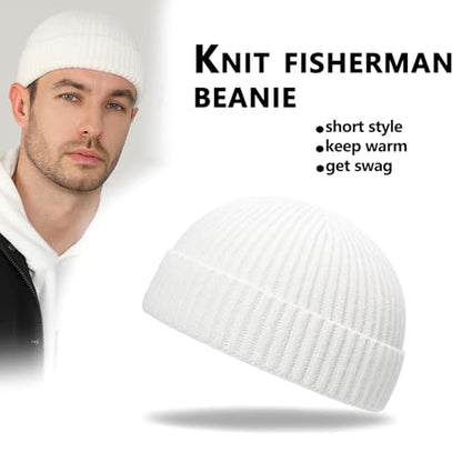 Fisherman Beanie for Men Knit Trawler Beanie Short Cuffed Watch Cap for Men Women - color: White