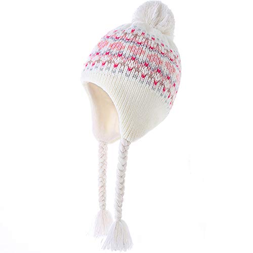 Moon Kitty Girls Knit Hats Winter Fleece Lining Skiing Winter Caps with Warm Ear Flap - color: Beige, size: 3-5T