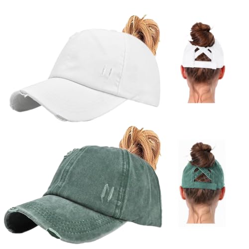 2 Packs Womens Criss‑Cross High Ponytail Trucker Hat, Cotton Vintage Washed Distressed Adjustable Baseball Cap - color: 2pcs 17