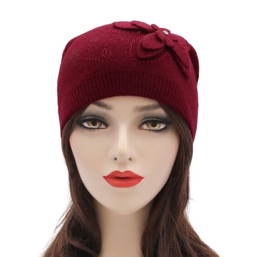 ZLYC Women Floral Slouchy Beanie Hat Double Layer Winter Knit Skull Cap - color: Butterfly Red