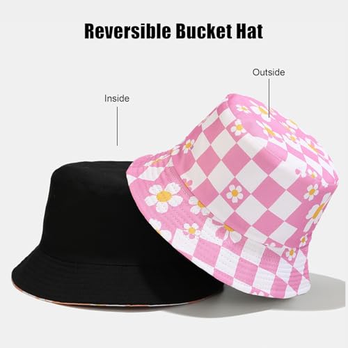 Bucket Hat for Women Men, Cotton Reversible Double Side Wear Sun Hats Beach Fisherman Hat - color: Small Checkered Flowers Pink