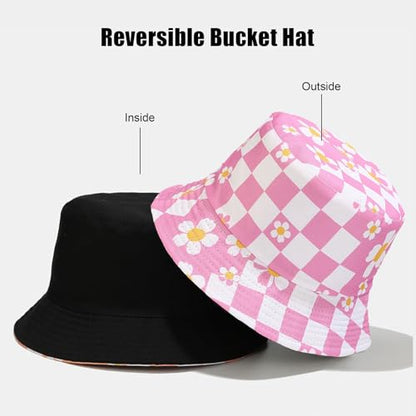 Bucket Hat for Women Men, Cotton Reversible Double Side Wear Sun Hats Beach Fisherman Hat - color: Small Checkered Flowers Pink