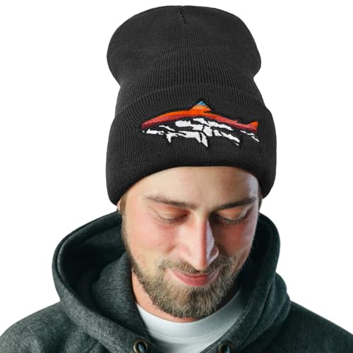 Knit Winter Beanie Hats for Men Women Cuffed Skull Cap with Mountain Embroidery Outdoor Christmas & New Year Gifts - color: Fish/Black