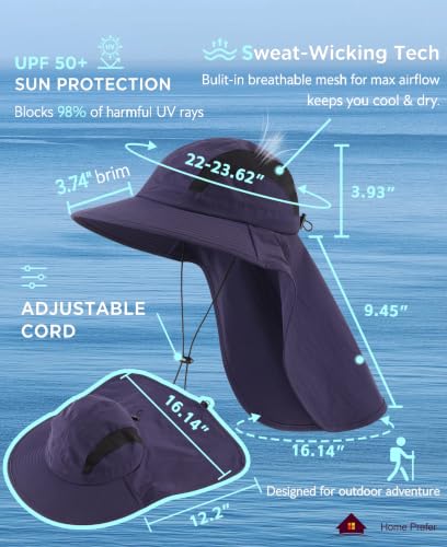 Home Prefer UPF 50+ Sun Hats for Men Women Wide Brim Fishing Hat with Neck Flap UV Protection Sunblock Safari Bucket Hat - color: Navy Blue