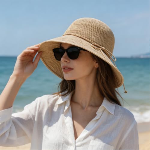 Straw Bucket Hats for Women Beach Sun Hat Foldable Packable Handmade Sun Protection Floppy Travel - color: Beige-brim3.9"