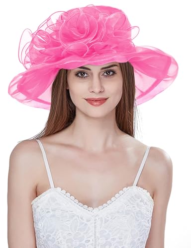 Women Derby Fascinator Hat Organza Church Wedding Hats Wide Brim Cocktail Tea Party Hat - color: 32 Rose Red