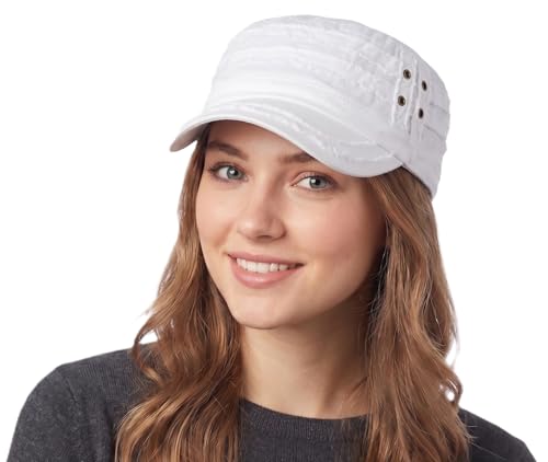 D&Y Unisex 100% Cotton Military Cadet Hat - Distressed Frayed Flat Top Cap - Adjustable Everyday Patrol Hat - color: White
