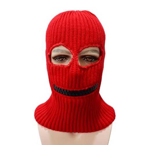 Ski Mask Knitted Full Face Cover Balaclava Knit Ski Thermal Knitted Head Wrap Winter Hat for Halloween Sports Cycling - color: Red Hat Gold Teeth