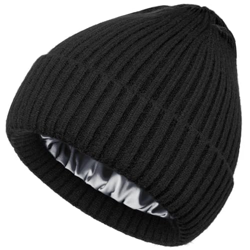 Satin Lined Wool Acrylic Blend Beanie Hat Women Men, Winter Knit Cap - color: 1-black