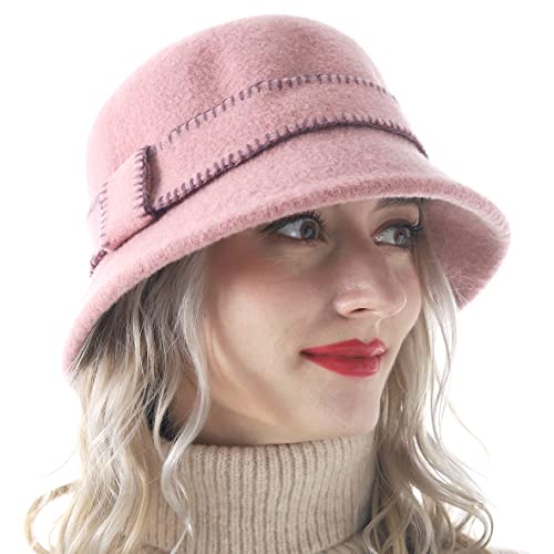 Women Elegant Winter Wool Bucket Hat 1920s Vintage Cloche Bowler Hats (Pink)