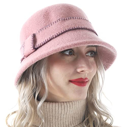 Women Elegant Winter Wool Bucket Hat 1920s Vintage Cloche Bowler Hats (Pink)