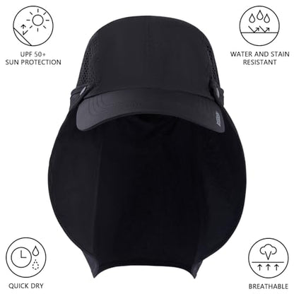 BASSDASH UPF 50+ Fishing Hat, Baseball Cap with Removable Neck Flap - color: Black With Unfoldable Brim