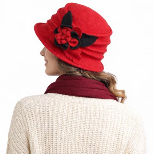Vintage Women Floral Wool Dress Cloche Winter Hat 1920s - color: C020-d-red
