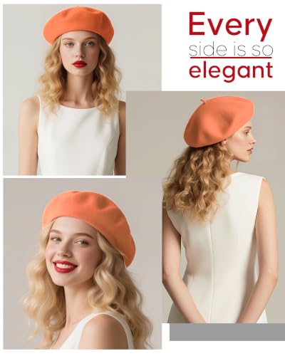 French Beret Hats for Women - Wool Solid Color Beanie Cap - color: Light Orange