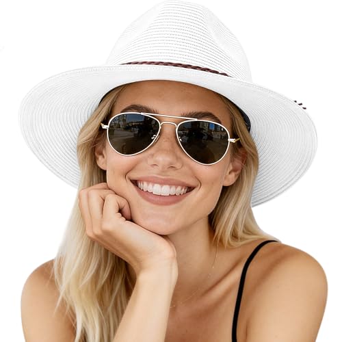AQOKKA Summer Sun Hats for Women Straw Panama Hat with Wide Brim Roll Up Travel Fedora Beach Hat for Women Men UPF 50+ - color: Woven Rope : White