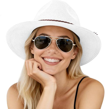 AQOKKA Summer Sun Hats for Women Straw Panama Hat with Wide Brim Roll Up Travel Fedora Beach Hat for Women Men UPF 50+ - color: Woven Rope : White