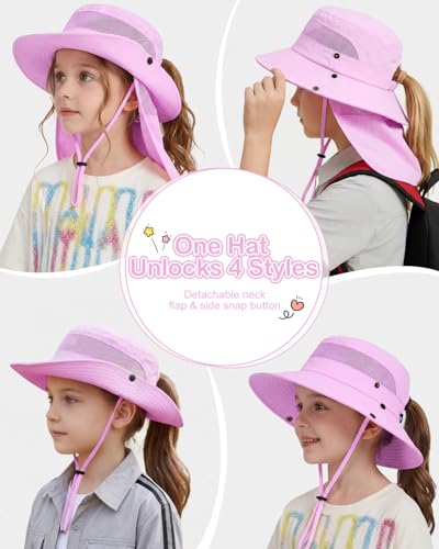 Century Star Kids Sun Hat with Ponytail Hole & Detachable Neck Flap UPF50+ Quick Dry Girls Bucket Hat for Outdoor Beach - color: Light Purple