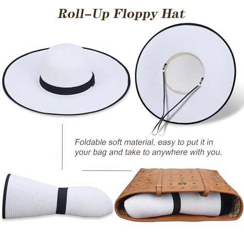 Women Wide Brim Sun Hat UPF50 Straw Summer Hat Floppy Beach Hat Roll-Up - color: White