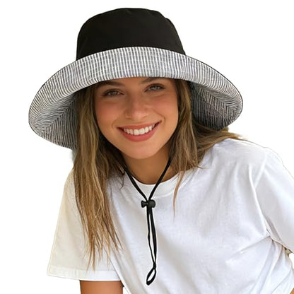 Sun Hats for Women Wide Brim Foldable Beach Hat UV UPF50+ Summer Sun Protection Bucket Hat for Outdoor, Gardening, Travel - color: Black