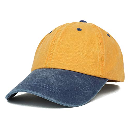 Trendy Apparel Shop Low Profile Unstructured Pigment Dyed Two Tone Baseball Cap - color: Mustard Navy