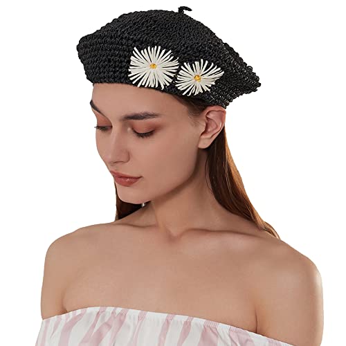 Straw Beret Summer French Beret Hats for Women Artist Crochet Beret - color: Black Flower