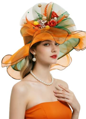 ORIDOOR Women Organza Fascinator Church Derby Hat Floral Tea Party Wedding Hat - color: 04-orange