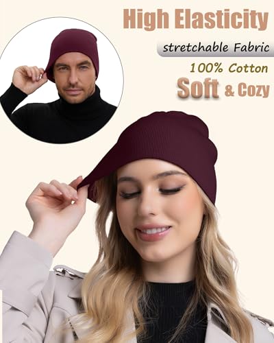 100% Cotton Beanie Hat Cuffless Beanies Warm Knit Winter Skull Cap - color: 1pcs-wine Red