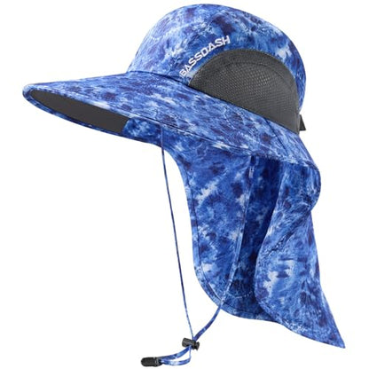 BASSDASH UPF 50+ Unisex Water Resistant Wide Brim Sun Hat with Large Neck Flap Ponytail Fishing Hat for Men Women - color: Blue Camo
