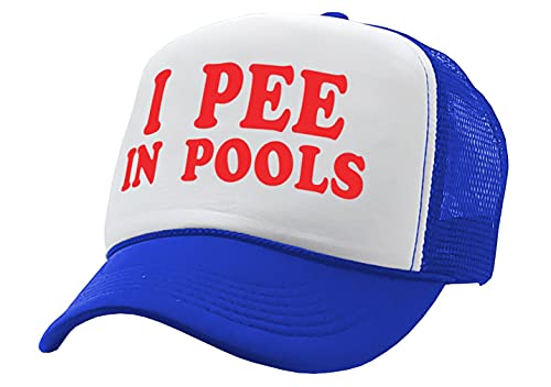 I Pee in Pools - Funny Dare Gag Gift Joke - Vintage Retro Style Trucker Cap Hat - color: Royal